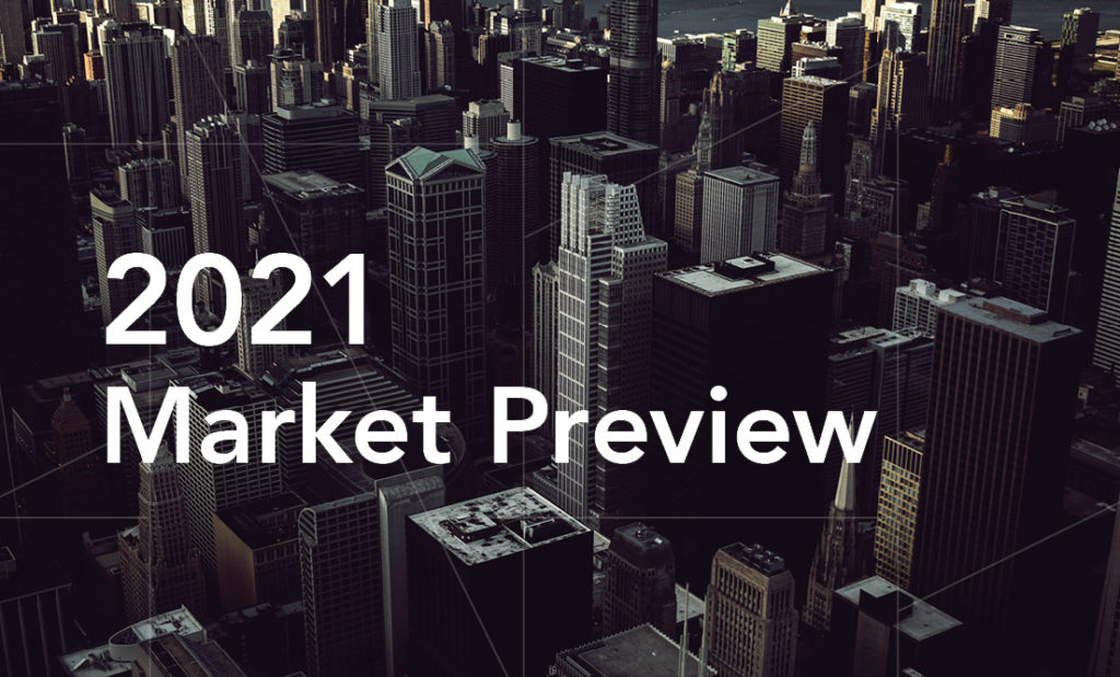 Graphic of darkened photo of city buildings, with guidance pattern overlay and "2021 Market Preview" in white.