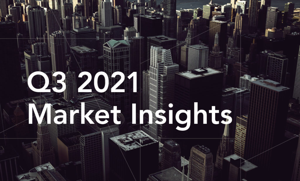 Graphic of darkened photo of city buildings, with guidance pattern overlay and "Q3 2021 Market Insights" in white.